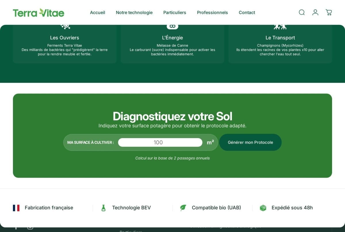 Terra Vitae — Création Shopify | Site de marque et calculateur de dosage pour un biostimulant de sol - Agence Shopify Plus & Expert Shopify