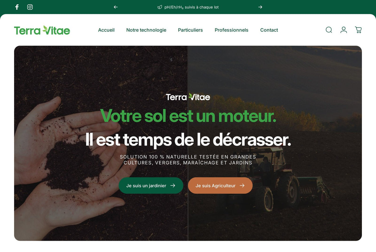 Terra Vitae — page d'accueil du site Shopify créé par LobsTTer, avec les deux parcours jardinier et agriculteur