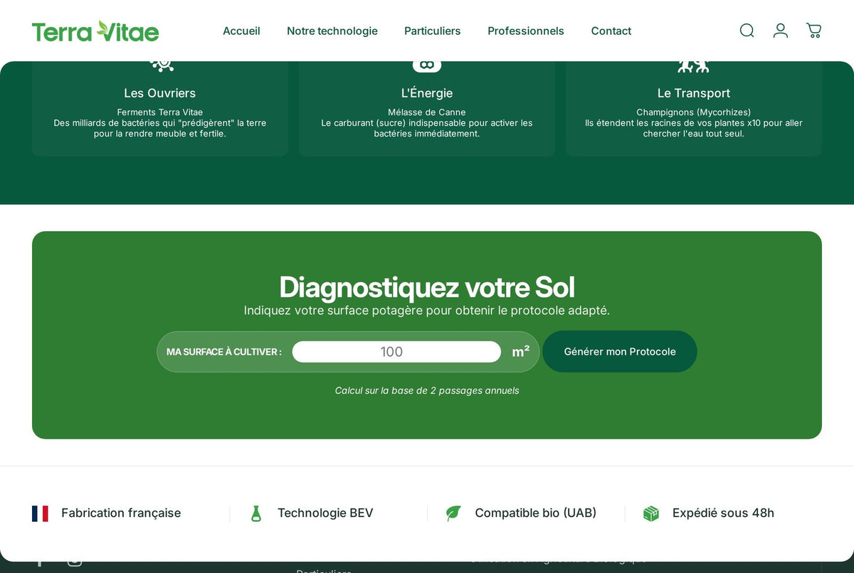 Terra Vitae — calculateur de surface « Diagnostiquez votre Sol » développé par LobsTTer sur la page Particuliers