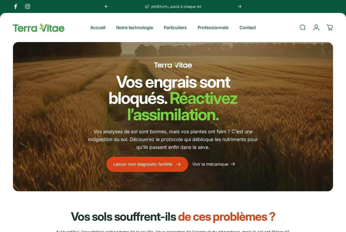 Terra Vitae — page Professionnels du site Shopify, parcours de diagnostic fertilité pour les agriculteurs