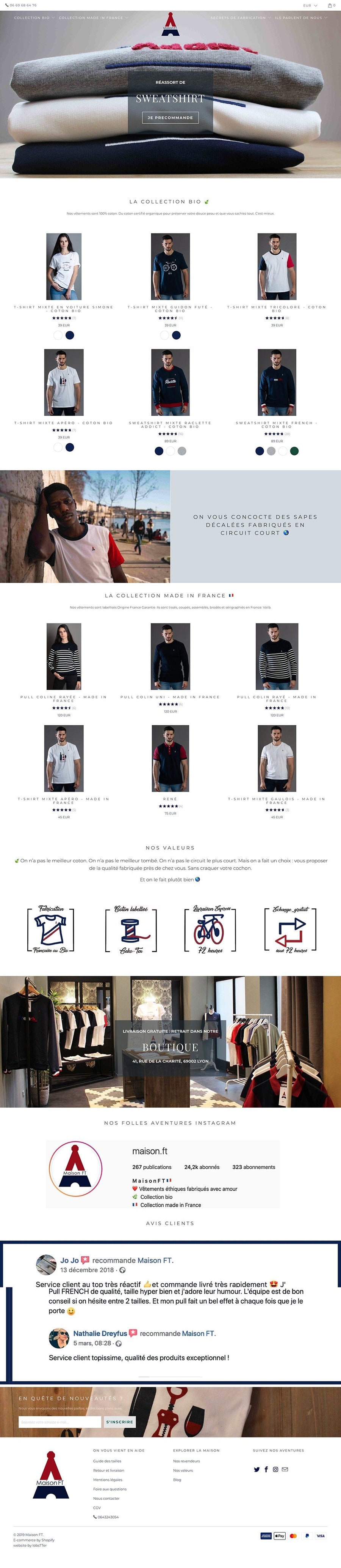 MaisonFT.com marque de T-shirt Eco responsable & Bio Exemple de site Mode site shopify Mariault Ludovic / lobsTTer Agence Shopify Plus & Expert Shopify
